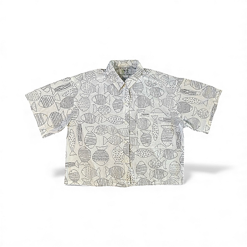 Vintage Bugle Boy Men's Fish Print Shirt - White and Black